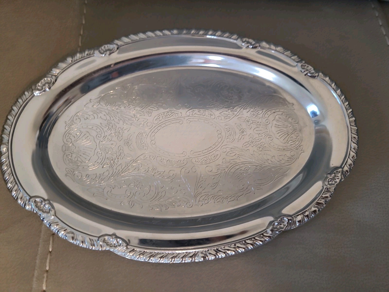 VTG Irvinware USA Chrome Plated Oval Serving Tray Ornate Engraved Floral 9.5x6.5