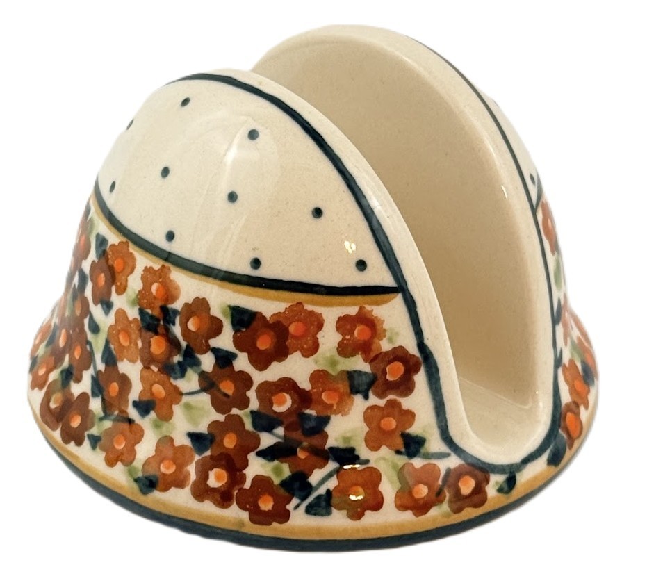 Unikat Polish Pottery Napkin Holder Orange Wreath Zaklady Russett Floral 3