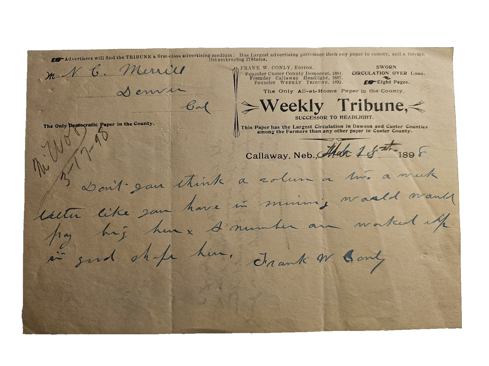 1898 Frank W Conley Letter Nebraska Editor Arrest Foreclosure Bootlegging