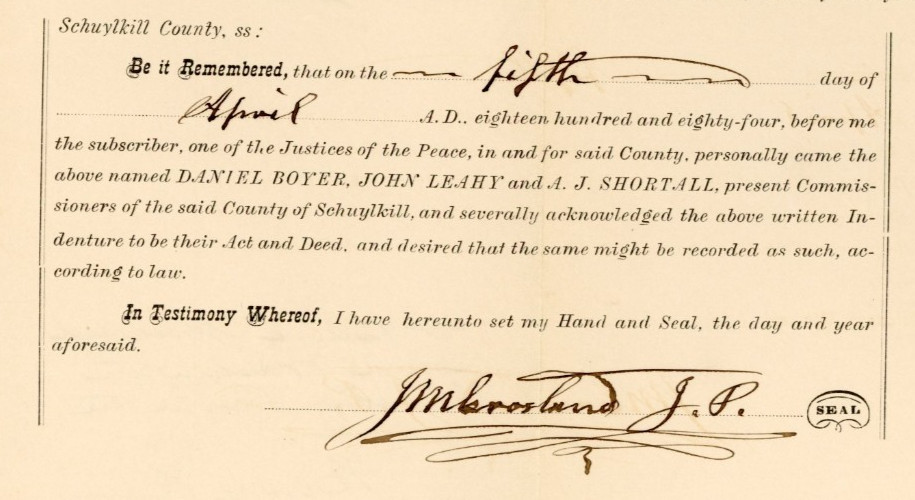 1884 Washington Schuylkill County PA Deed Henry C Russell Signed JP Moreland