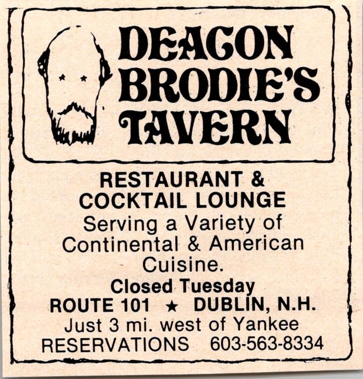 Deacon Brodie\'s Tavern Restaurant Cocktail Lounge Dublin NH 1979 NH Ad TAK2-S44 Deacon Brodie\'s Tavern Restaurant Cocktail Lounge Dublin NH 1979 NH Ad TAK2-S44