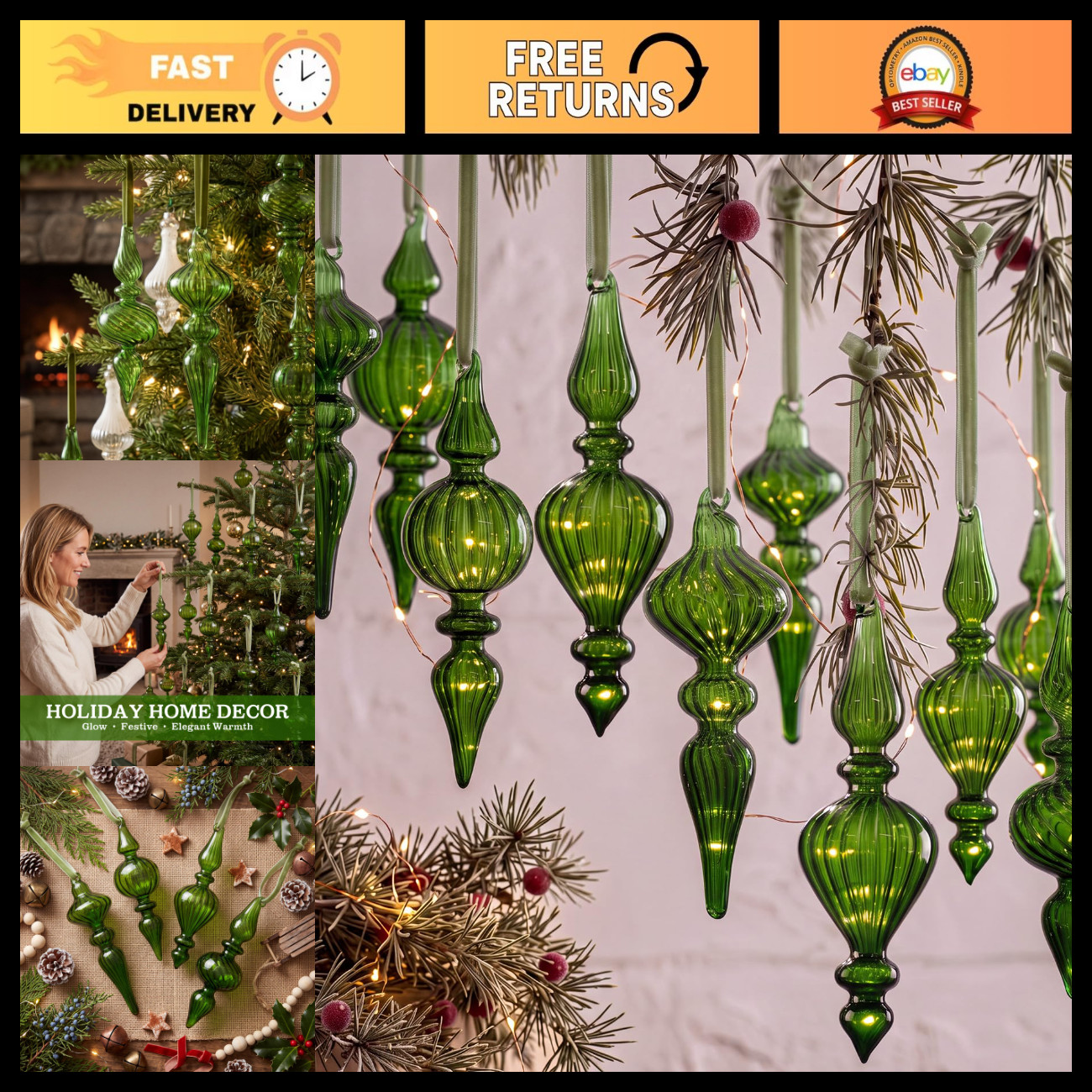 12 Vintage Glass Finial Christmas Ornaments - Green Decorative Tree Decor, 12 Pc