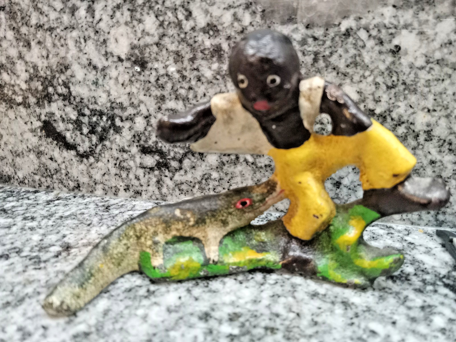 Vintage Cast Iron Bottle Opener Boy Climbing Alligator Crocodile Figural