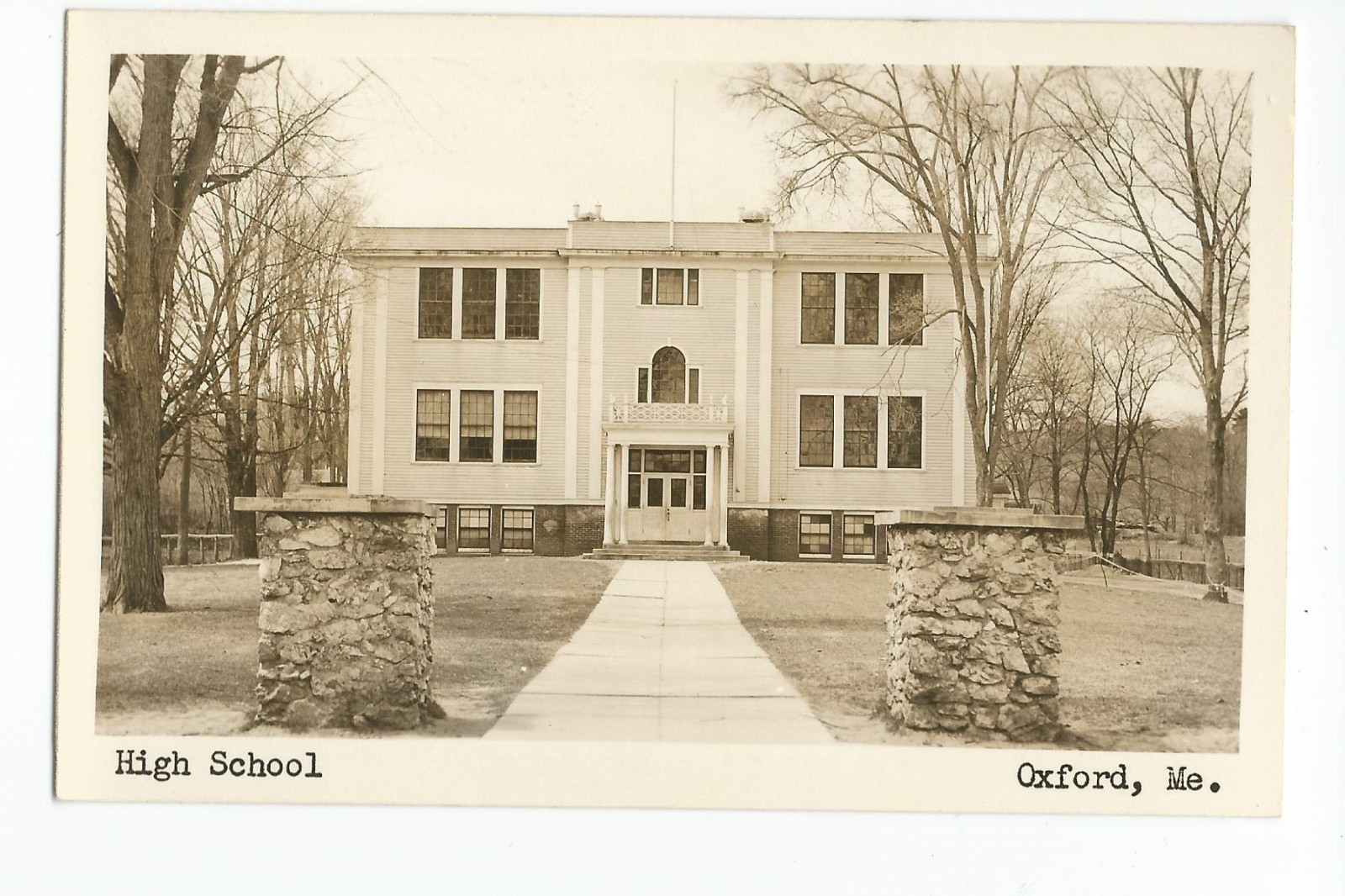 RPPC Postcard: Oxford, Maine - High School; exterior view; Kodak EKC box