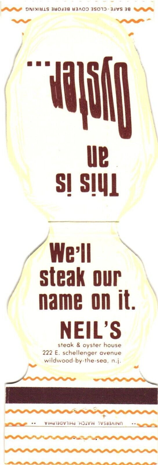 Neil\'s Steak & Oyster House Wildwood NJ Vintage Matchbook Cover 1960s Die-Cut