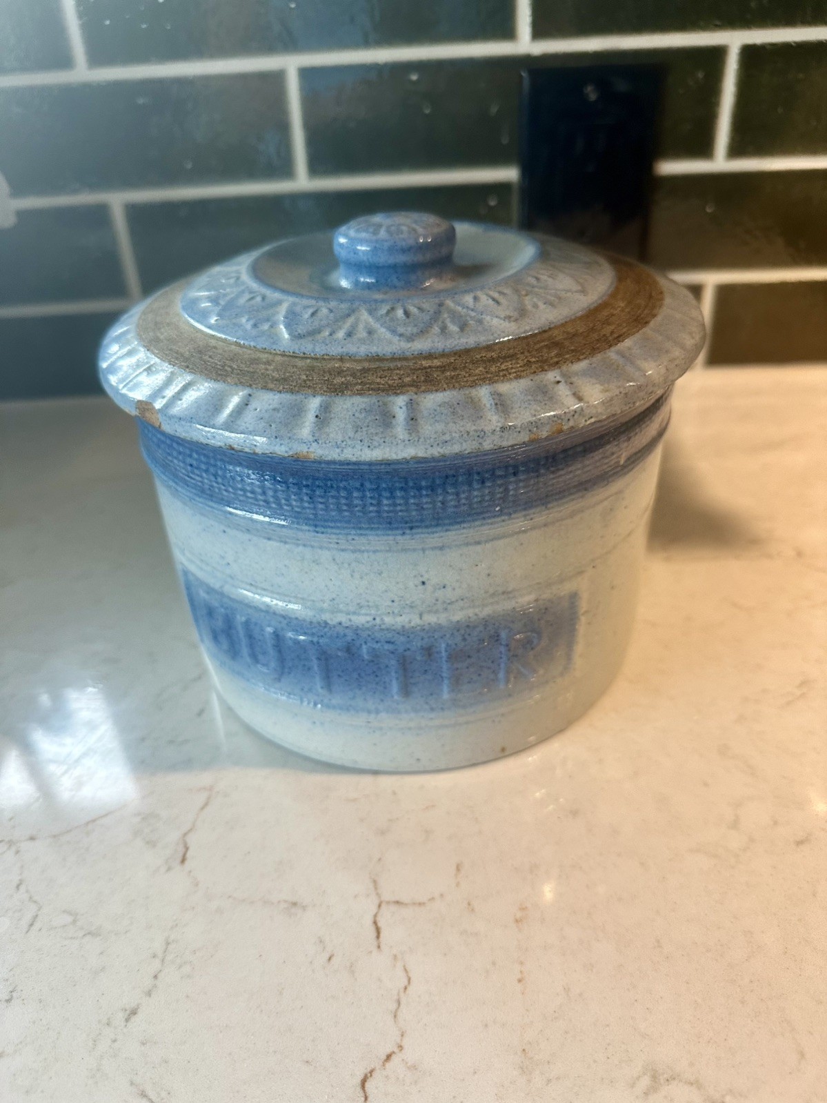 Butter Crock Blue & White Burley Winter Pottery Crooksville, OHIO 5 LB  5# lid