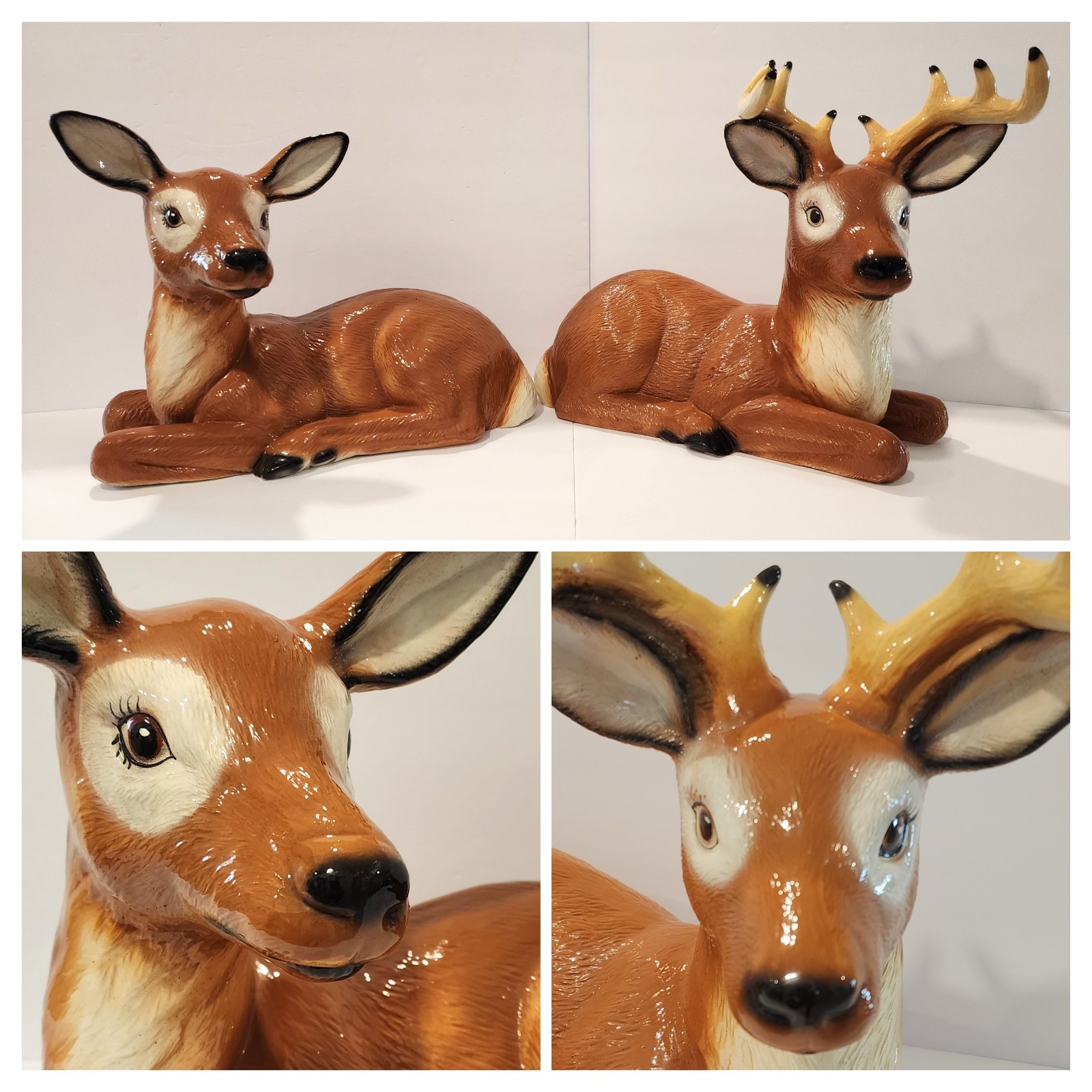 Vintage Set Large Hand Painted Scioto Mold Ceramic Lying Deer Figurines Doe Buck Vintage Set Large Hand Painted Scioto Mold Ceramic Lying Deer Figurines Doe Buck
