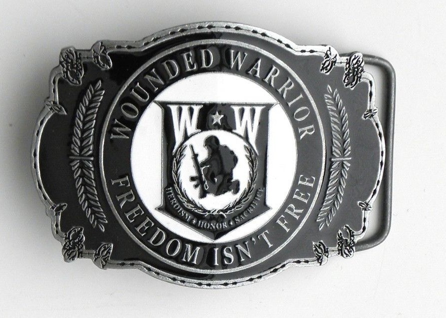 WOUNDED WARRIOR PEWTER ENAMEL BELT BUCKLE 3.2 INCHES HEROISM HONOR SACRIFICE