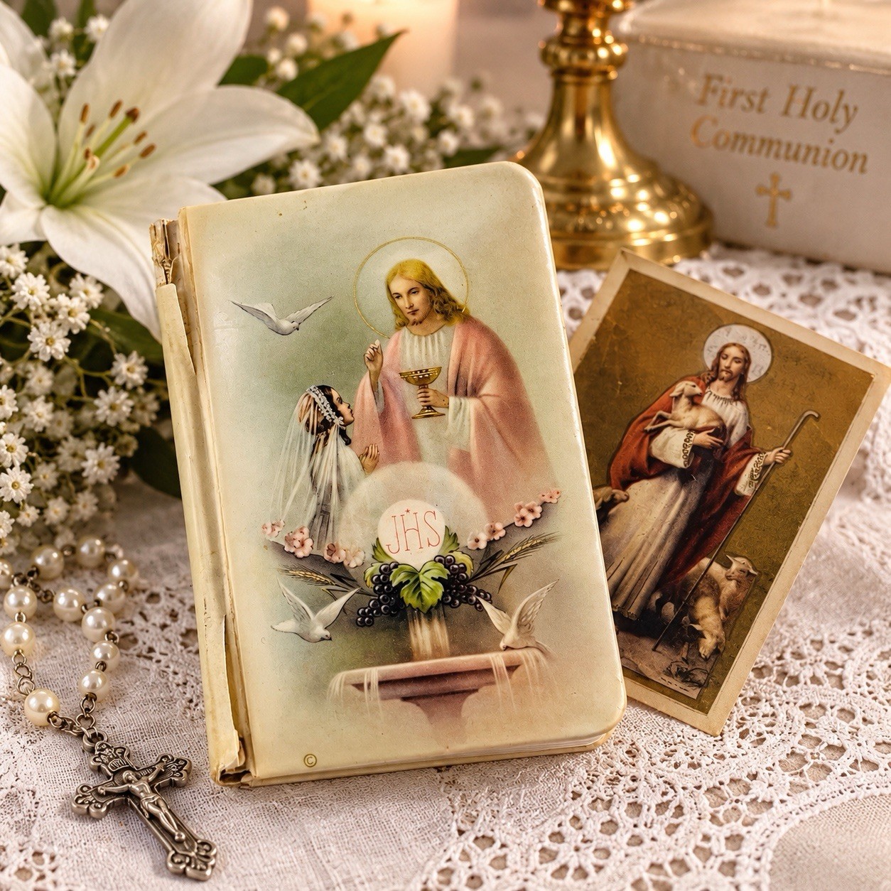 Vintage 1953 Catholic First Communion Prayer Book and Crucifix Holy Card Gilt