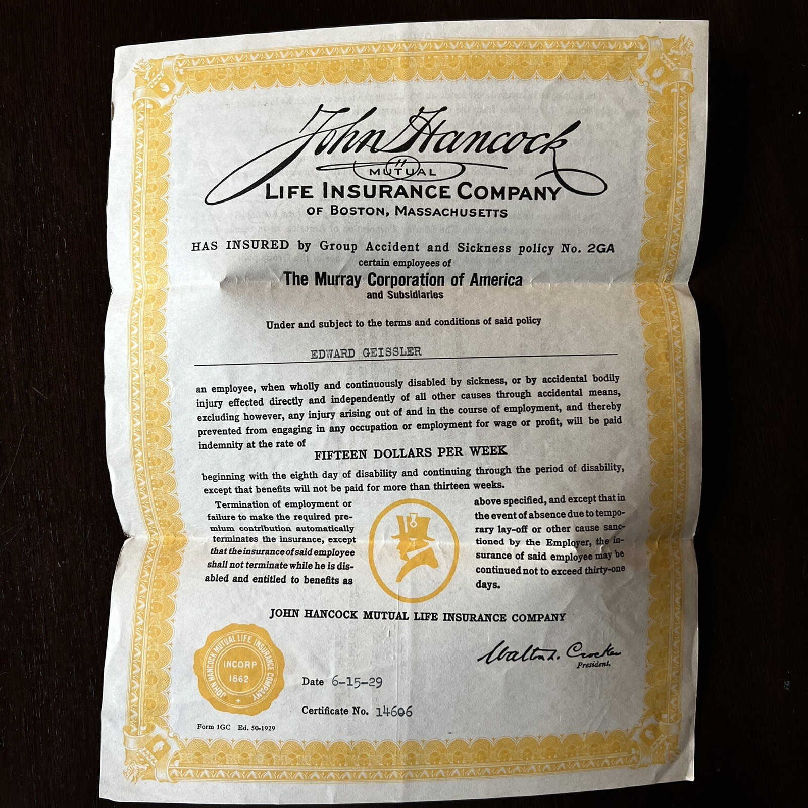 1929 JOHN HANCOCK LIFE INSURANCE YELLOW POLICY MURRAY CORPORATION CERTIFICATE
