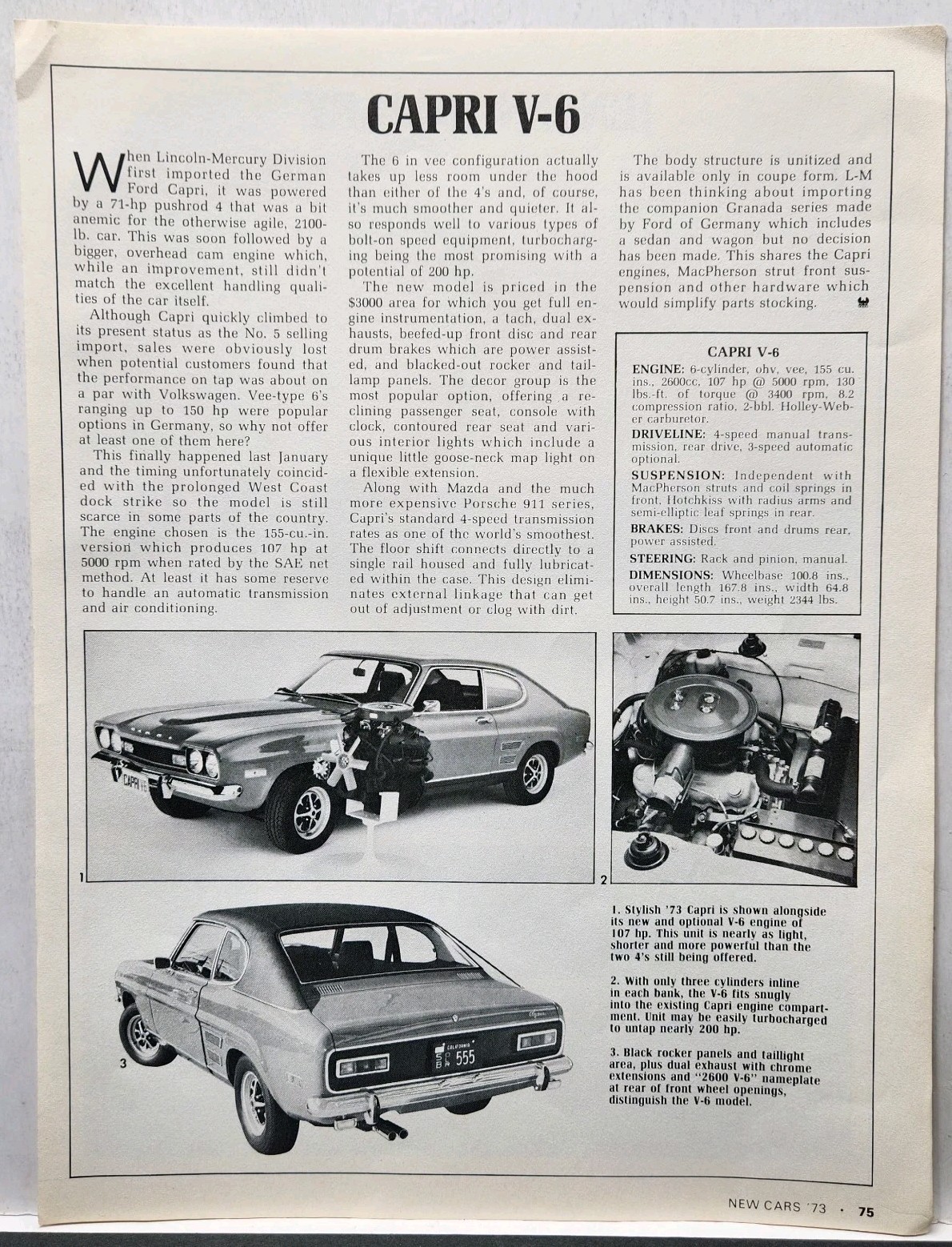 1973 Ford Capri V-6 Retro Original Print Ad Article New Cars Magazine Vintage