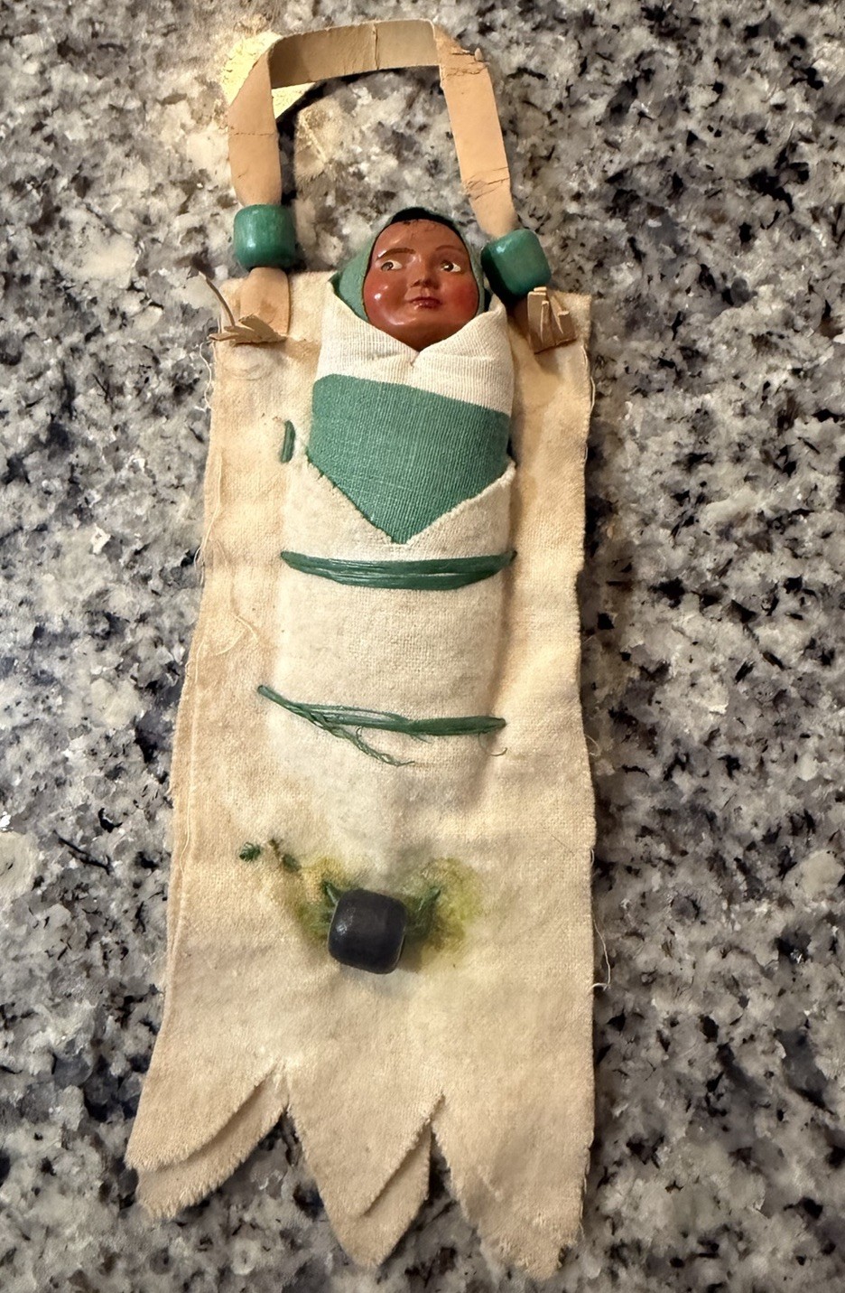 Antique Skookum Doll In Carrier Blanket With Handle, Hand Made, Native American