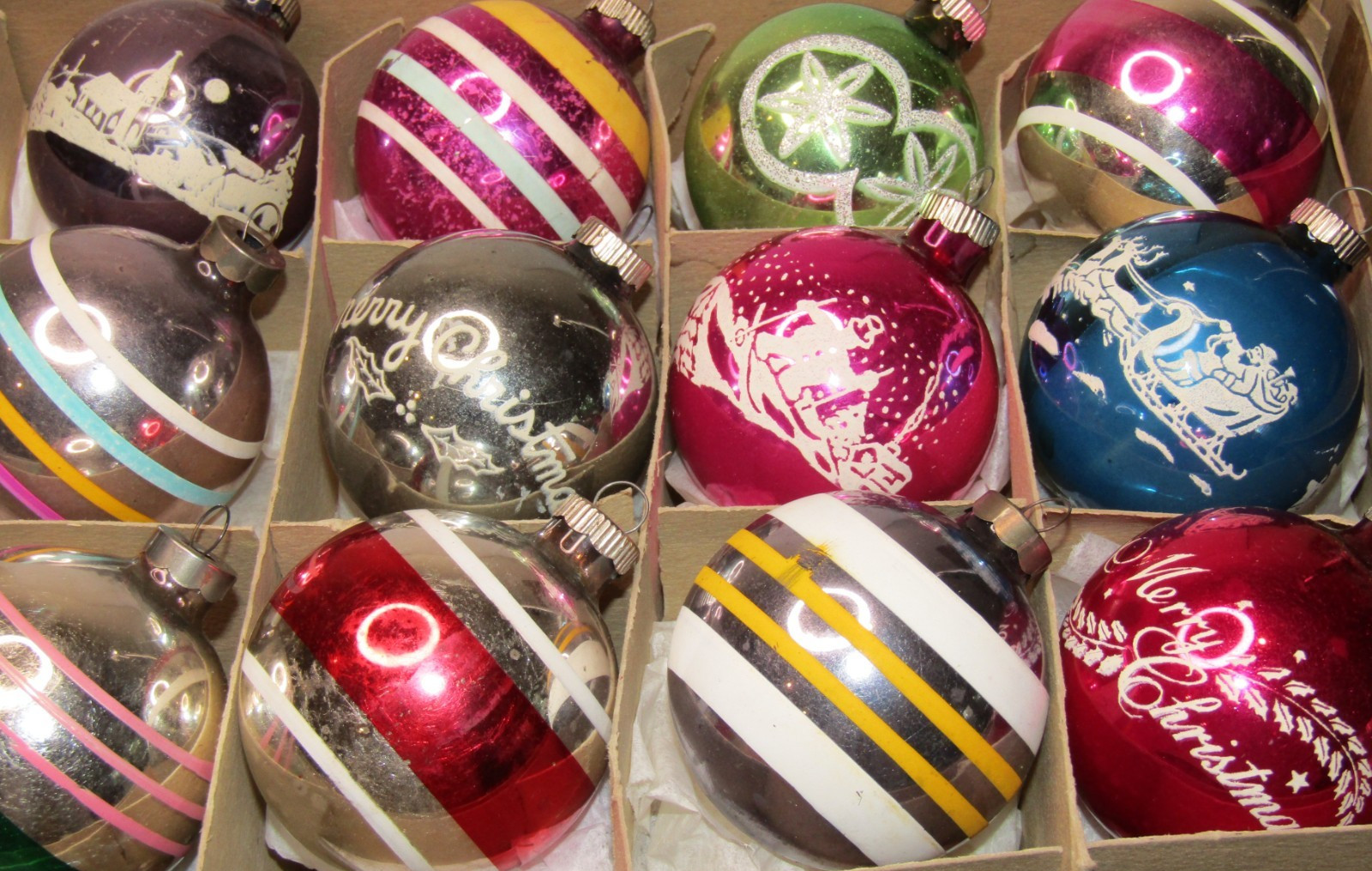 Lot VTG Glass Pictured SILENT NIGHT SNOWMAN SLED Christmas Ornaments Shiny Brite