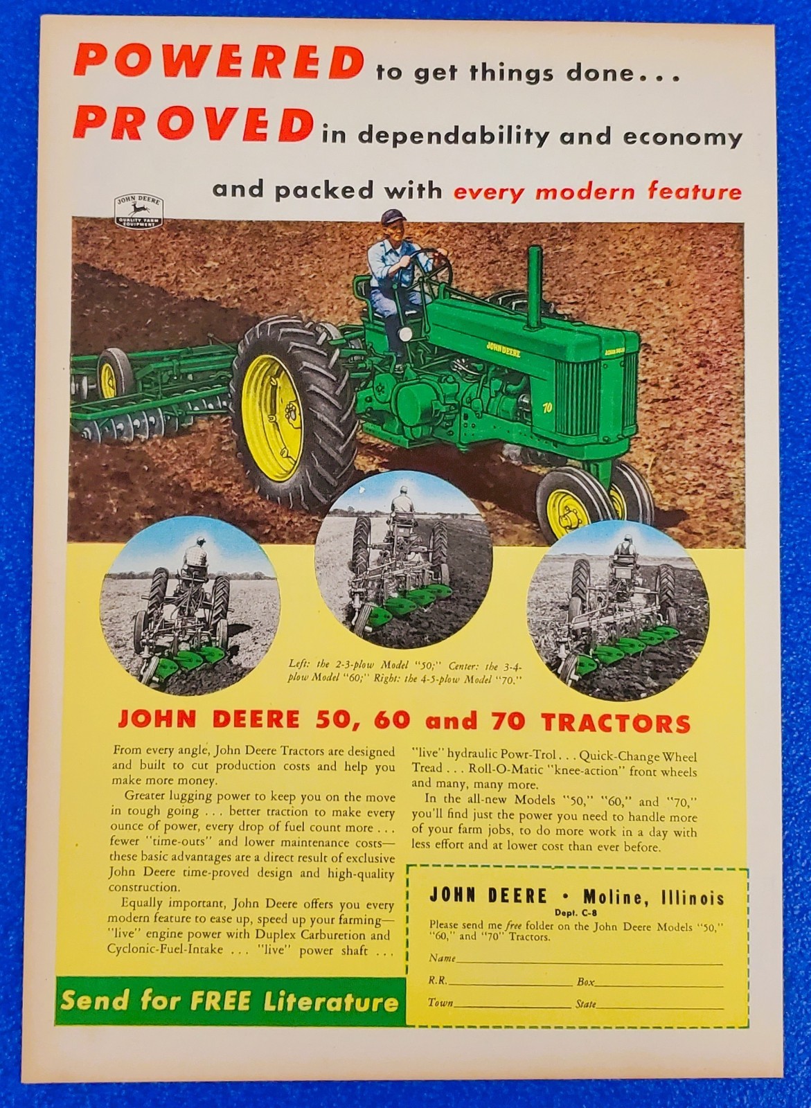 1954 John Deere 50 60 70 Tractors Old Time Rural Agriculture Machinery Print Ad 1954 John Deere 50 60 70 Tractors Old Time Rural Agriculture Machinery Print Ad