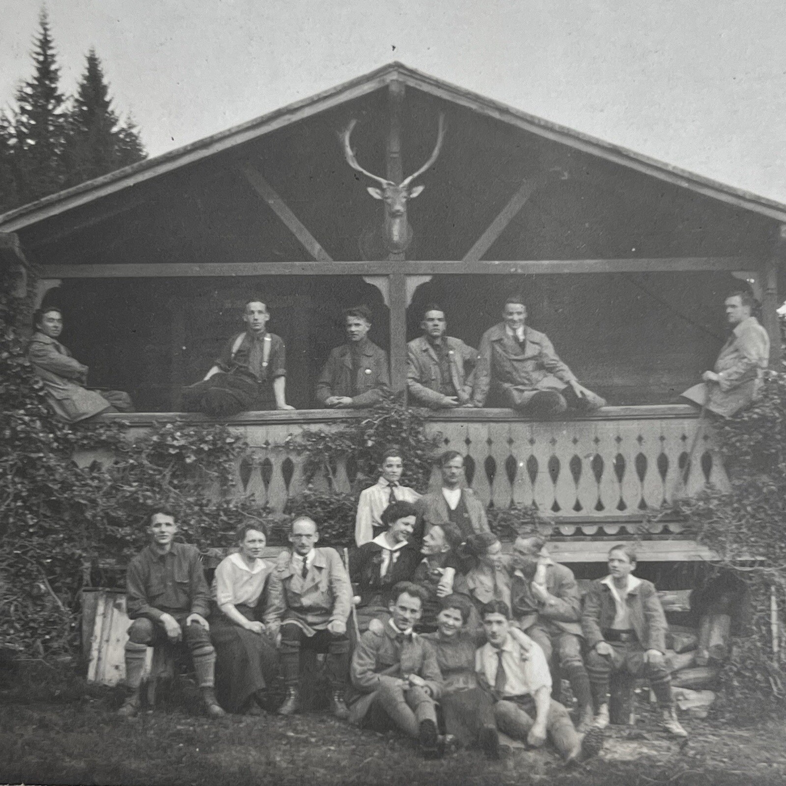 Antique RPPC Real Postcard Group Photograph Men Women Lodge Deer Head Great