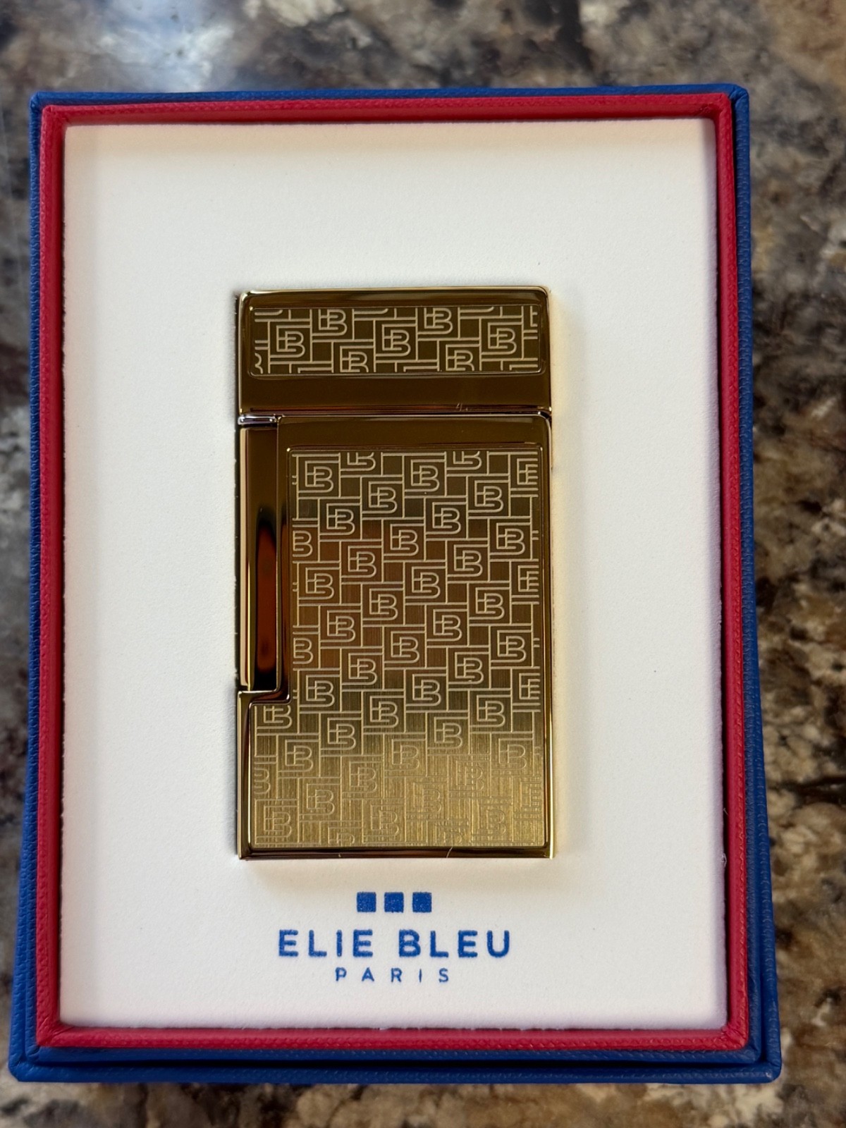 Elie Bleu J-14, Gold EB Square Logo Jet Flame Lighter, EBJ1444, New In Box