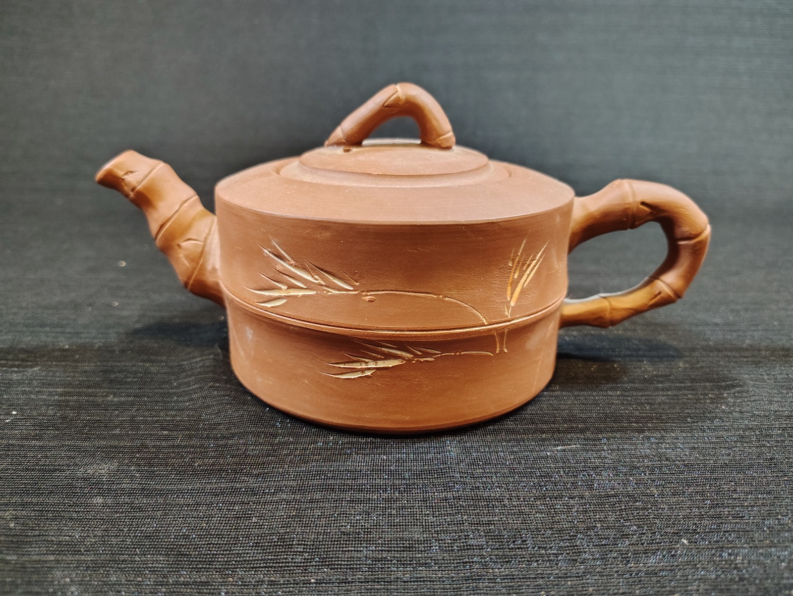 Vintage, Chinese, Terra Cotta, Teapot W/ Lid, Bamboo Design, 10oz