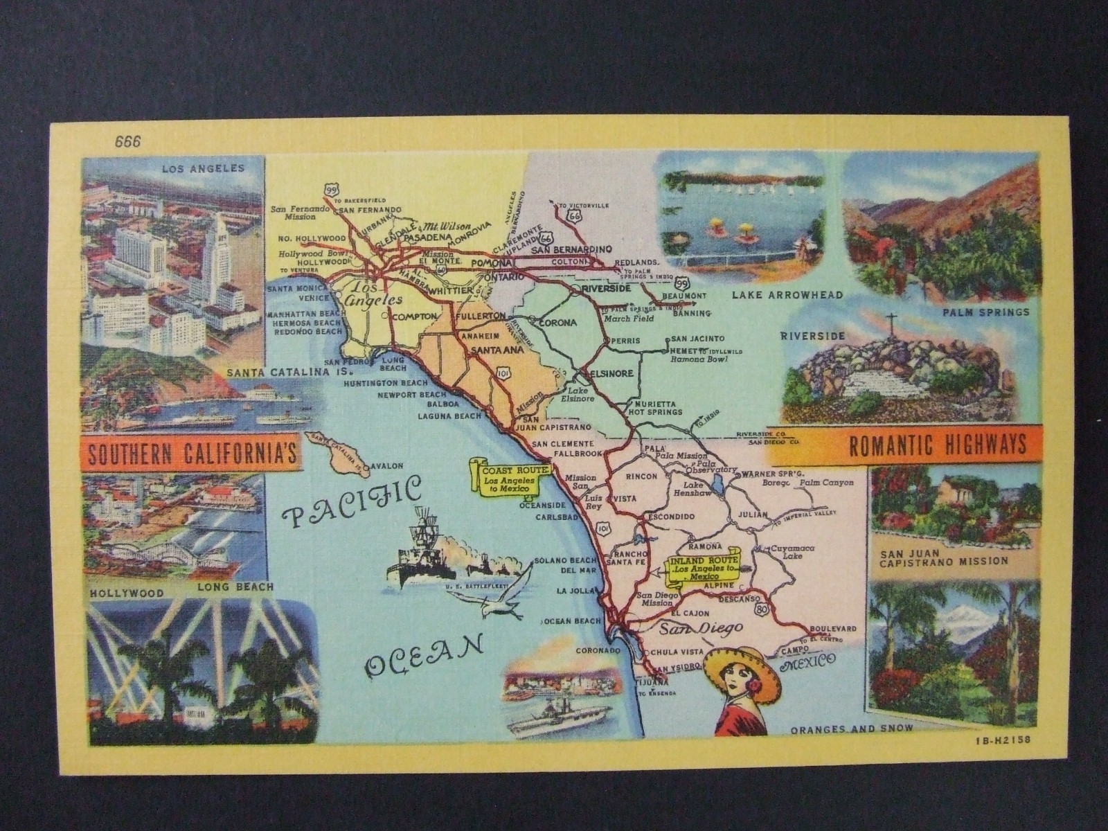 Southern California Romantic Highways Road Map Curt Teich Linen Postcard 1941