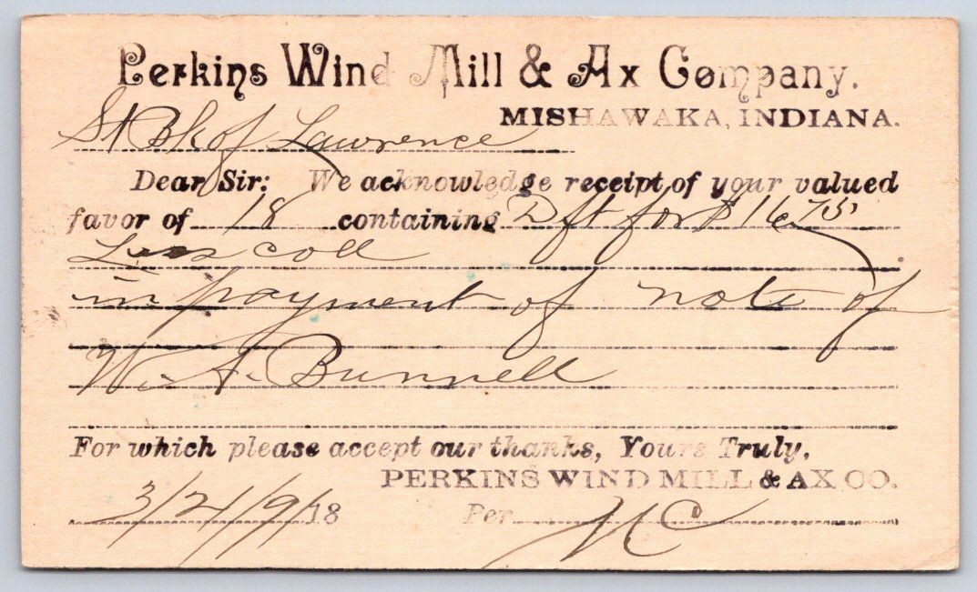 Antique Perkins Wind Mill  Ax Company Advertising Card 1898