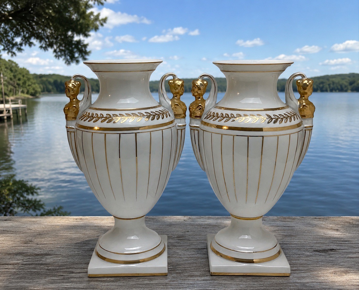 TWO Exceptional Vintage Gilt Neoclassical Porcelain Vases 1950’s Figural