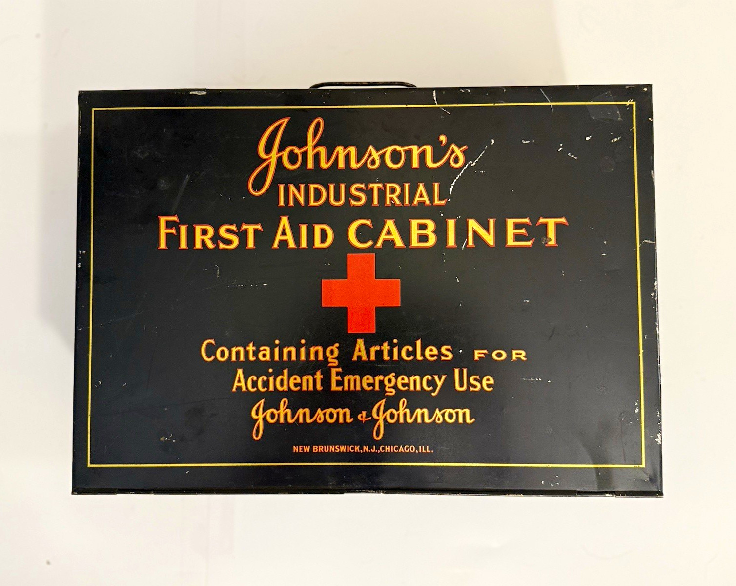 Antique Johnson & Johnson Industrial First Aid Cabinet Complete Contents c 1930s