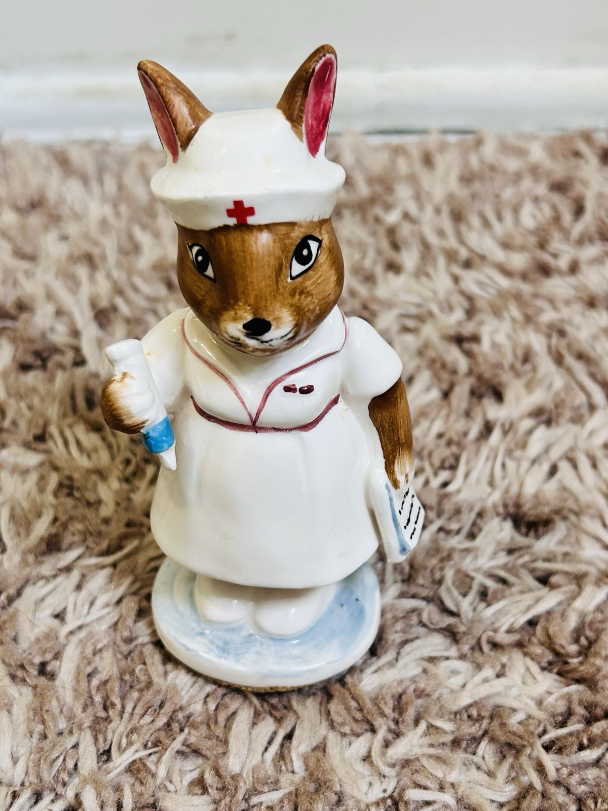 Vintage Schmid Ceramic Bunny Rabbit Nurse Figurine Red Cross Ceramic