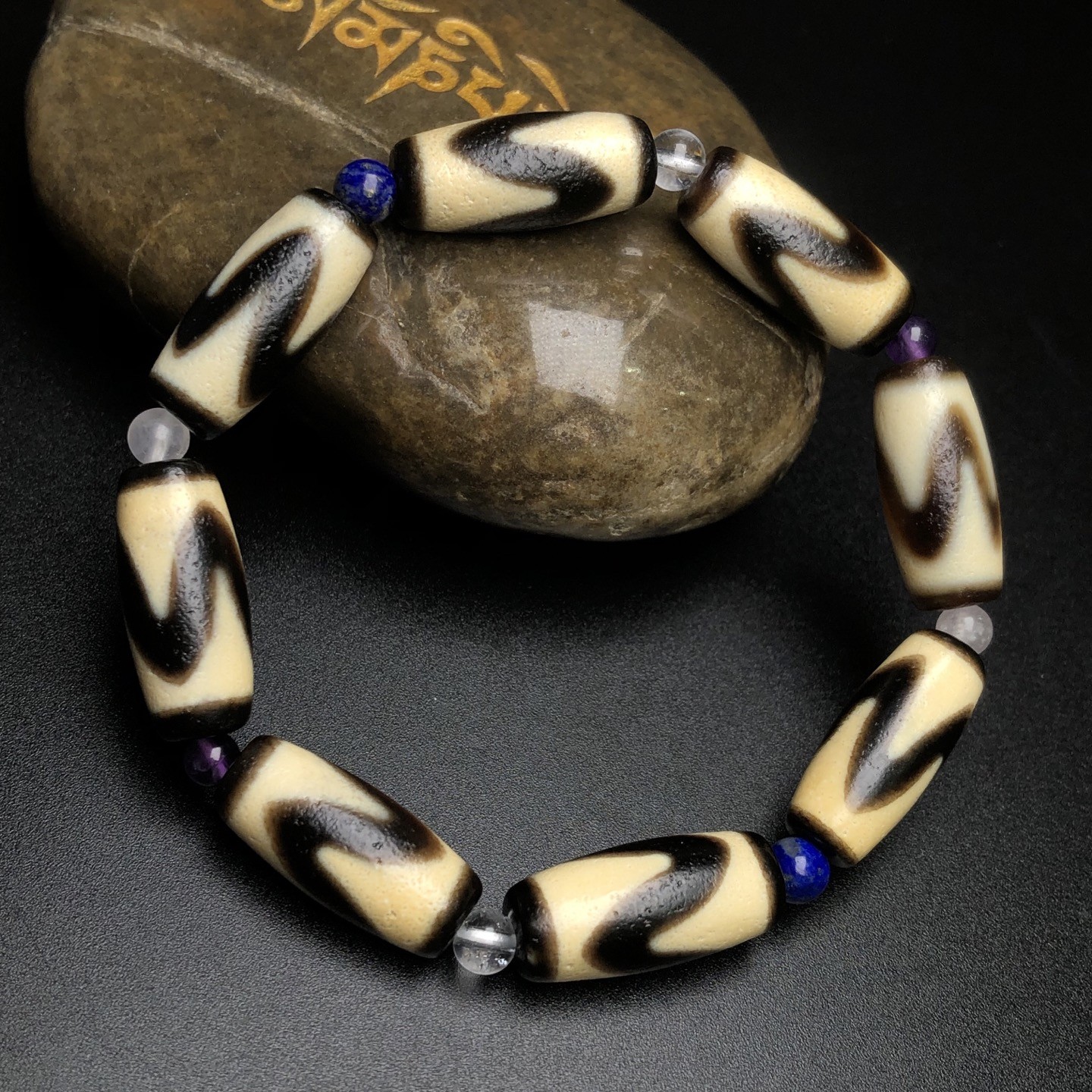Tibetan Repatriated Old Tiger-Tooth Dzi High-Oil Patina Agate Mala Bracelet A247