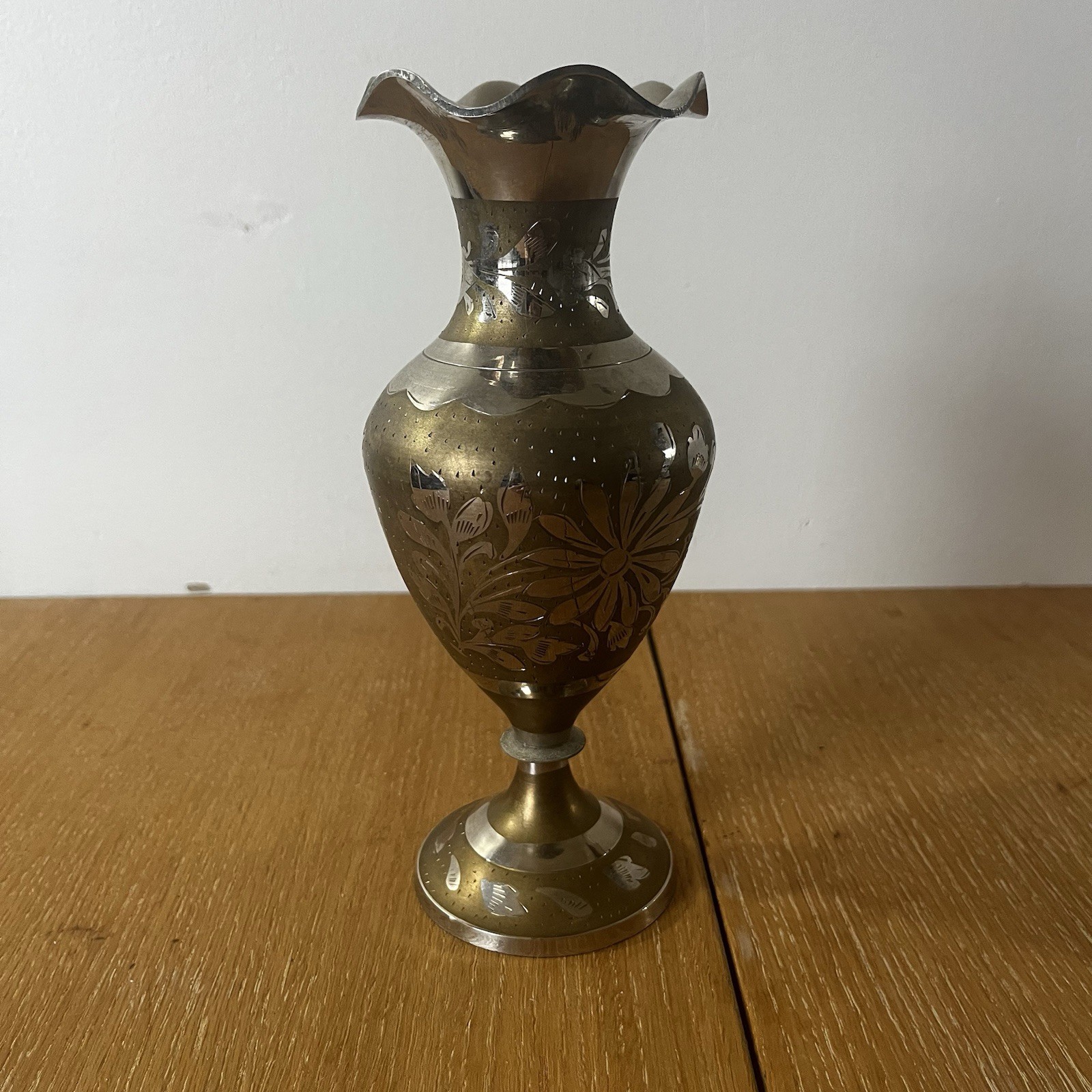 VTG Brass Vase Engraved Floral Design 8” Decor Table Centerpiece Boho