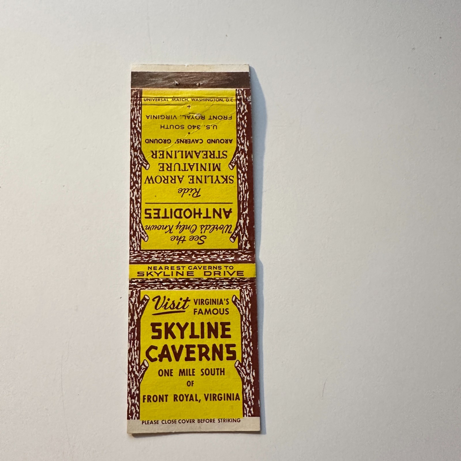 Skyline Caverns One Mile South Front Royal VA Vintage Matchbook Cover 5MB126-1