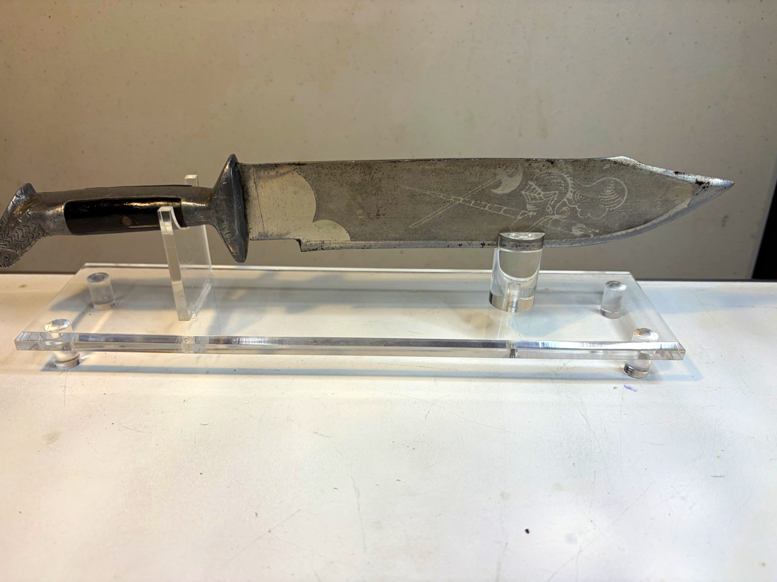 Vintage Mid Century Mexican Bowie Knife Aluminum Engraved Handle Etched Blade