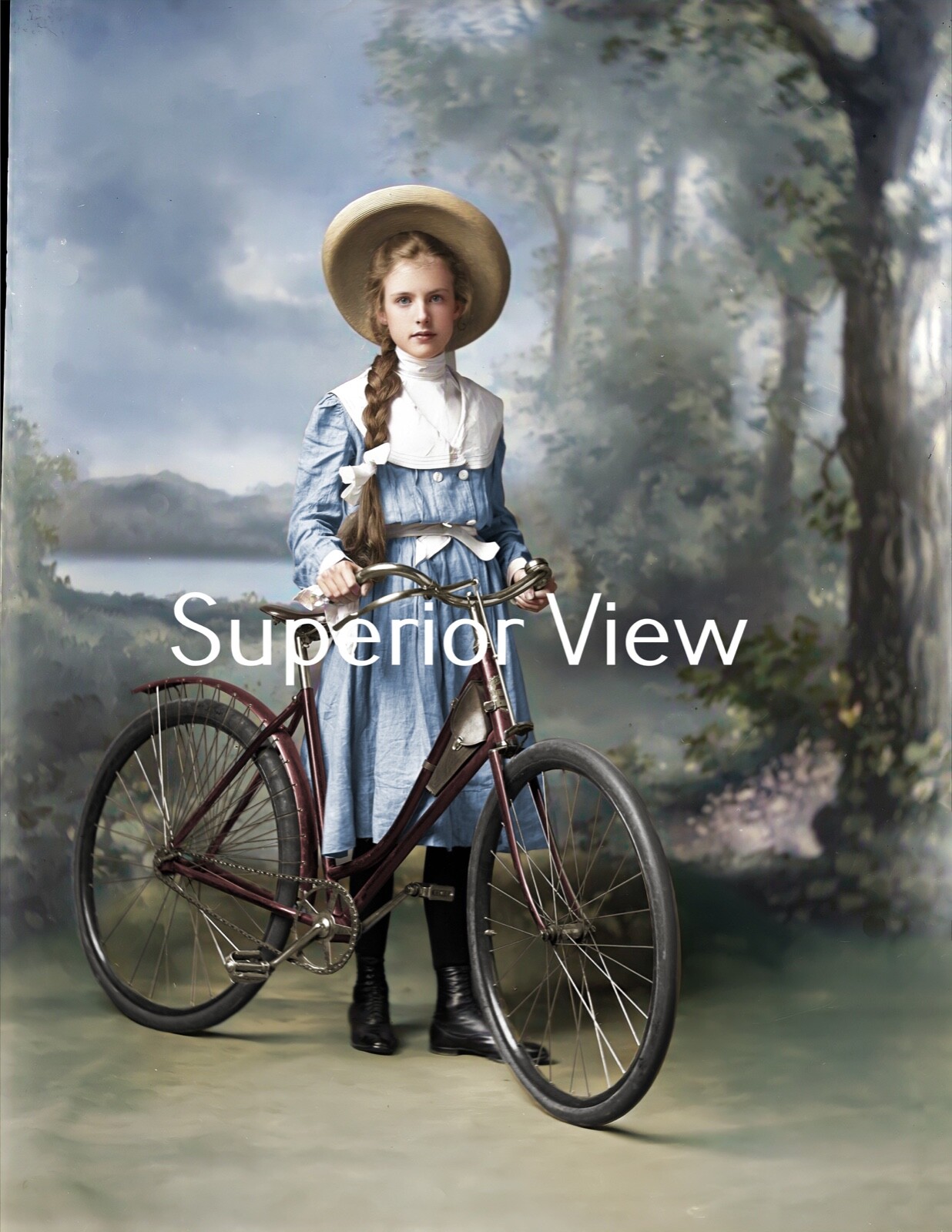 Vintage Bicycle Color Tinted Photo Young Girl Straw Hat Braids YOU MUST SEE