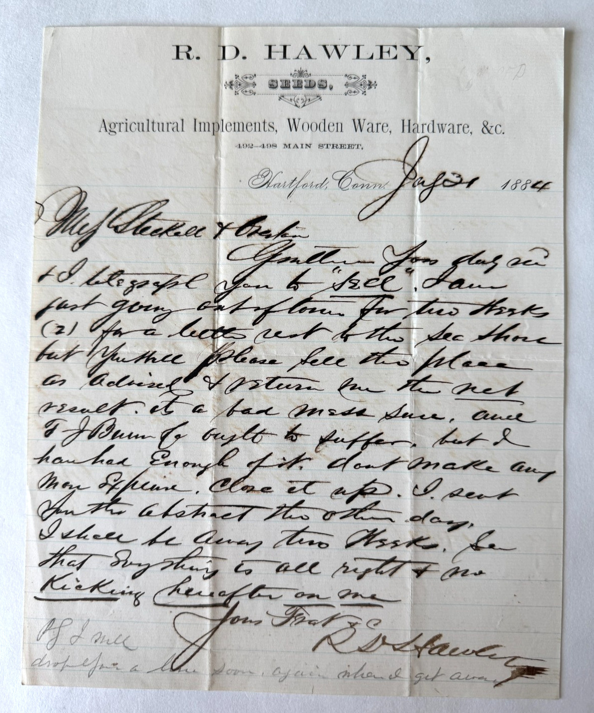 1884 Letterhead Hartford Connecticut RD Hawley Seeds Agricultural Hardware