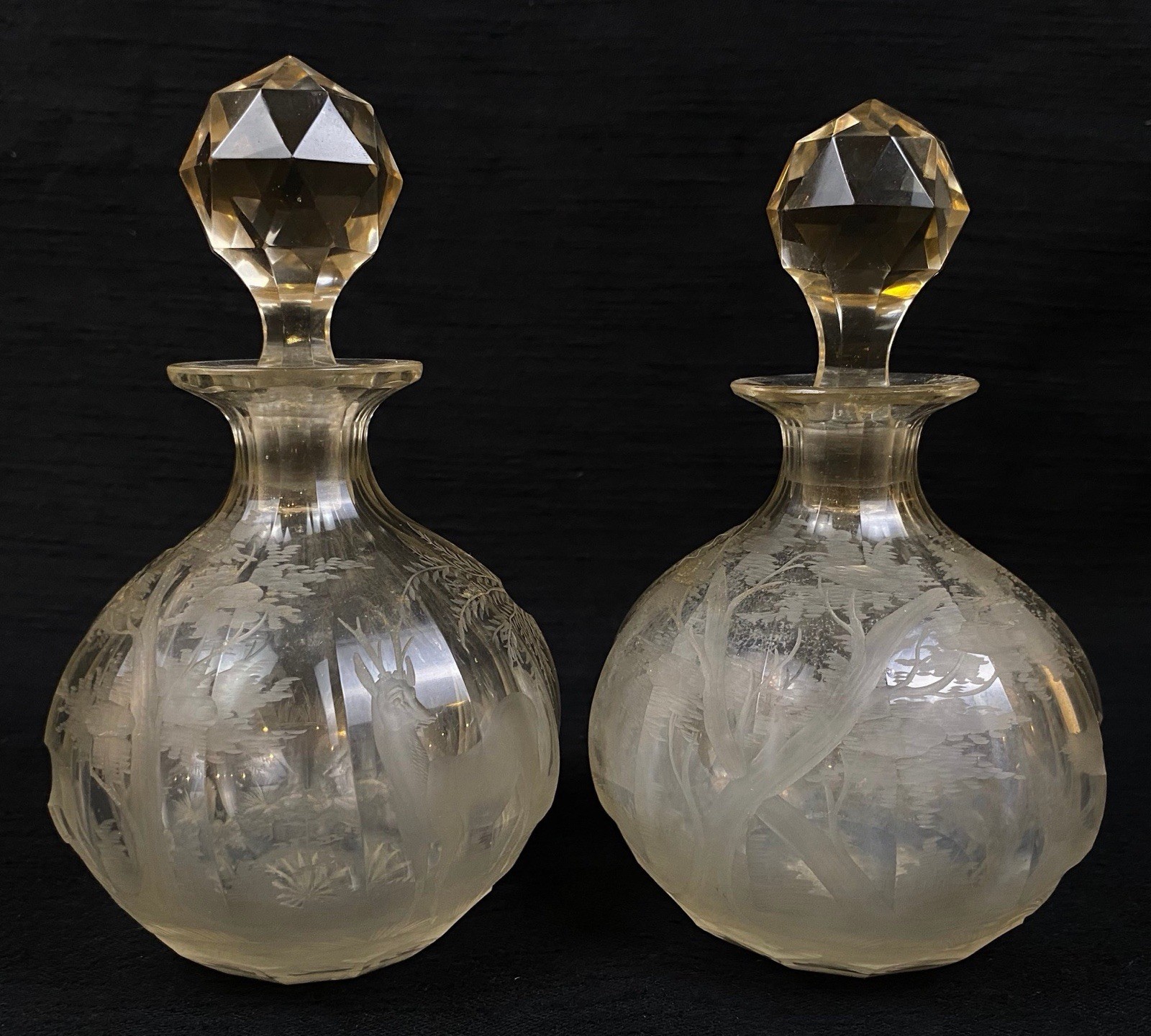 Antique Victorian Glass Vanity Decanters feat Etched woodland scenes with deer