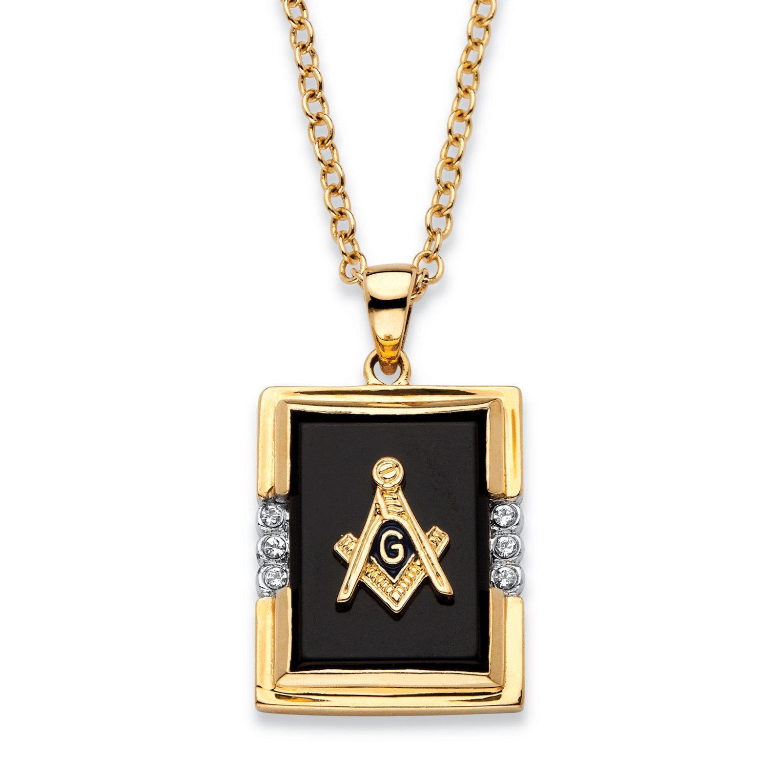 14K GOLD MASONIC MASON EMERALD CUT BLACK ONYX GP PENDANT NECKLACE