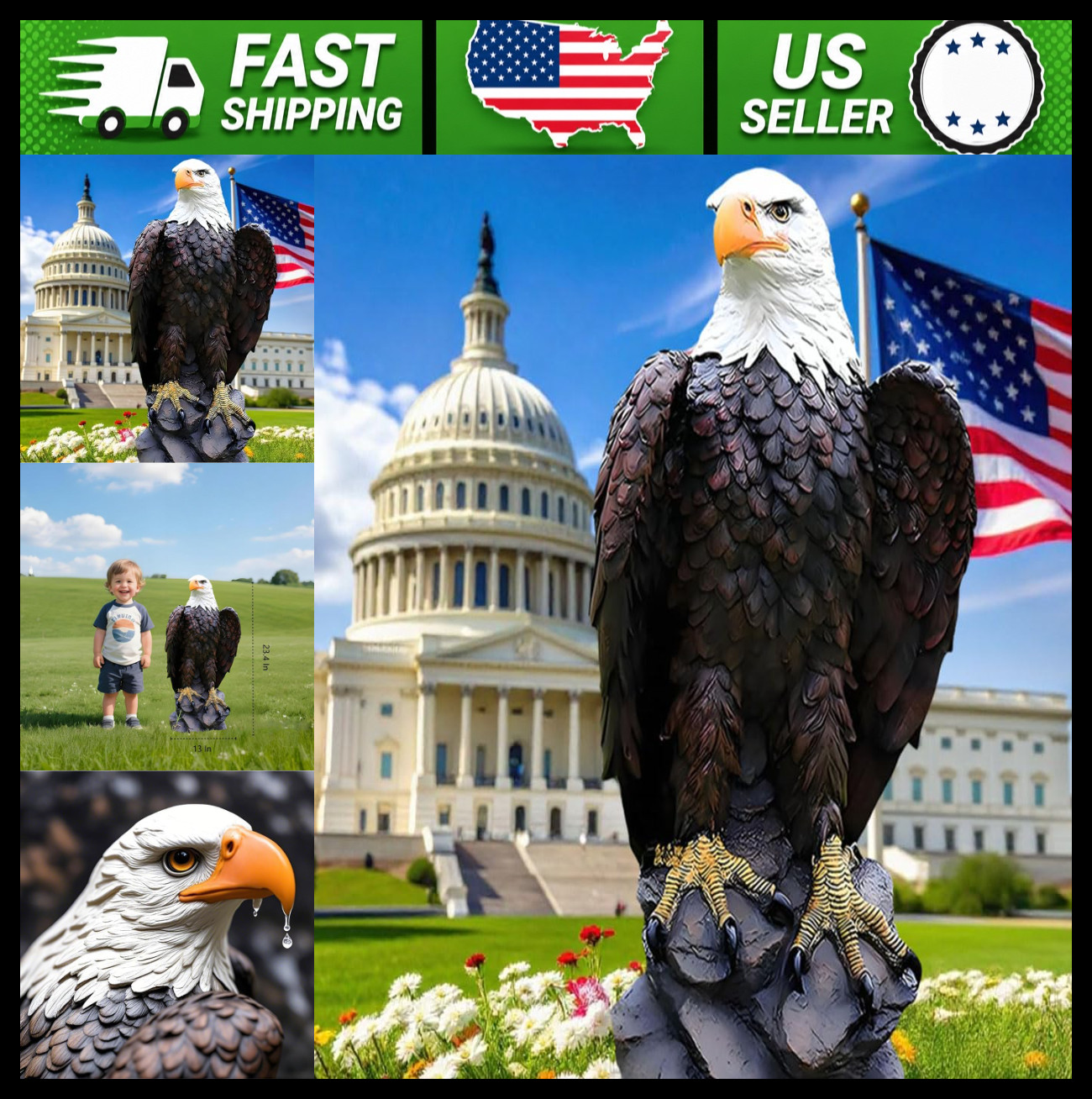 Bald Eagle Statue Outdoor Garden Figurine, 24.4-Inch American Eagle