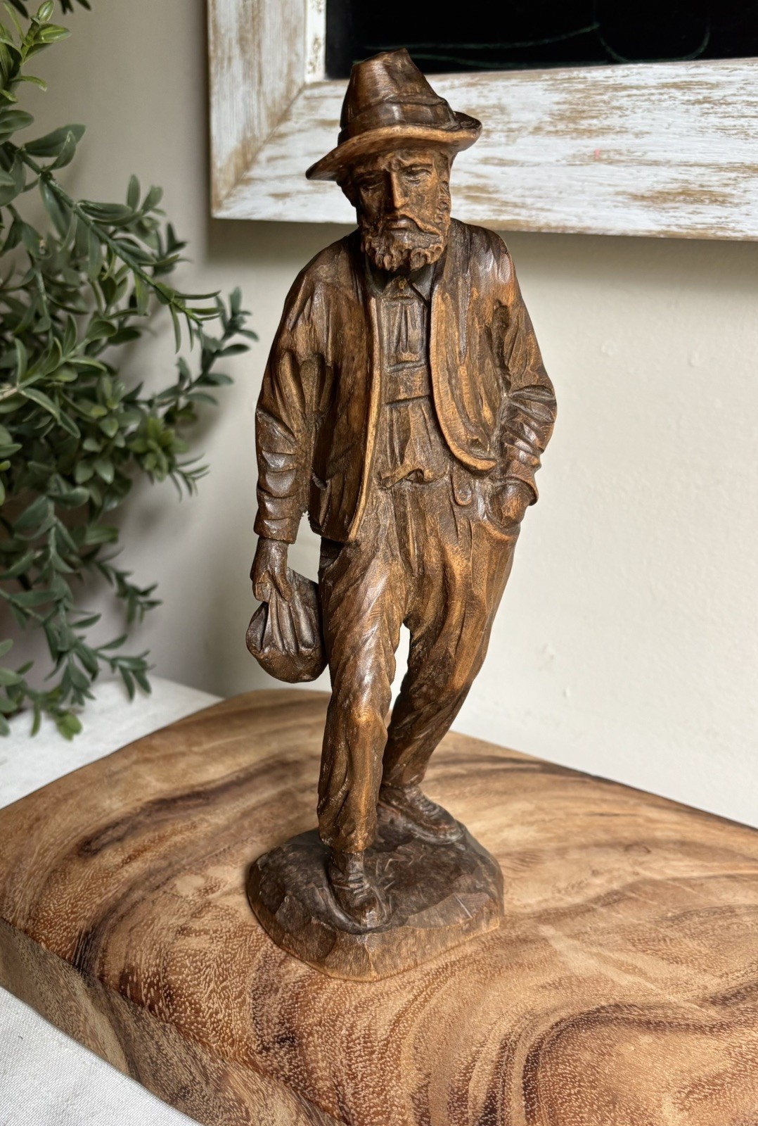Vtg. Signed Oberammergau Hand Carved Wood Alpine Hiker Traveler 10” Figurine  