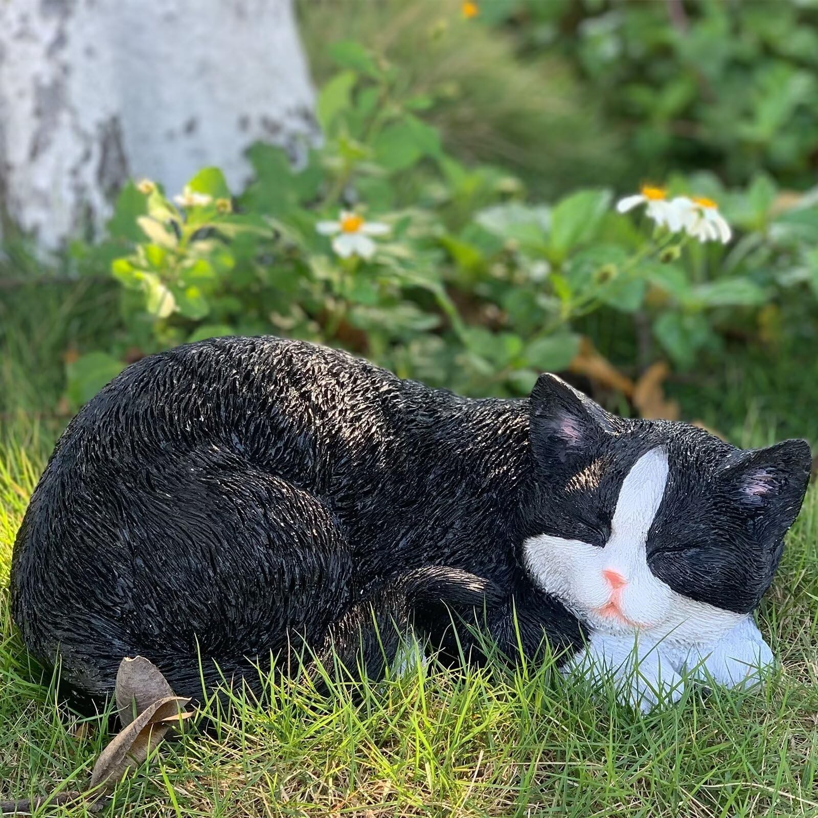 11.4 inch Cat Statue Outdoor Cat Figurines Garden Decor, Tuxedo Cats Black Ta...