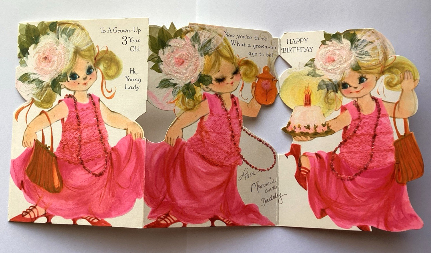 Vintage Happy Birthday Card Die Cut GIRL ALL DRESSED UP Glittler Tri-fold Vintage Happy Birthday Card Die Cut GIRL ALL DRESSED UP Glittler Tri-fold