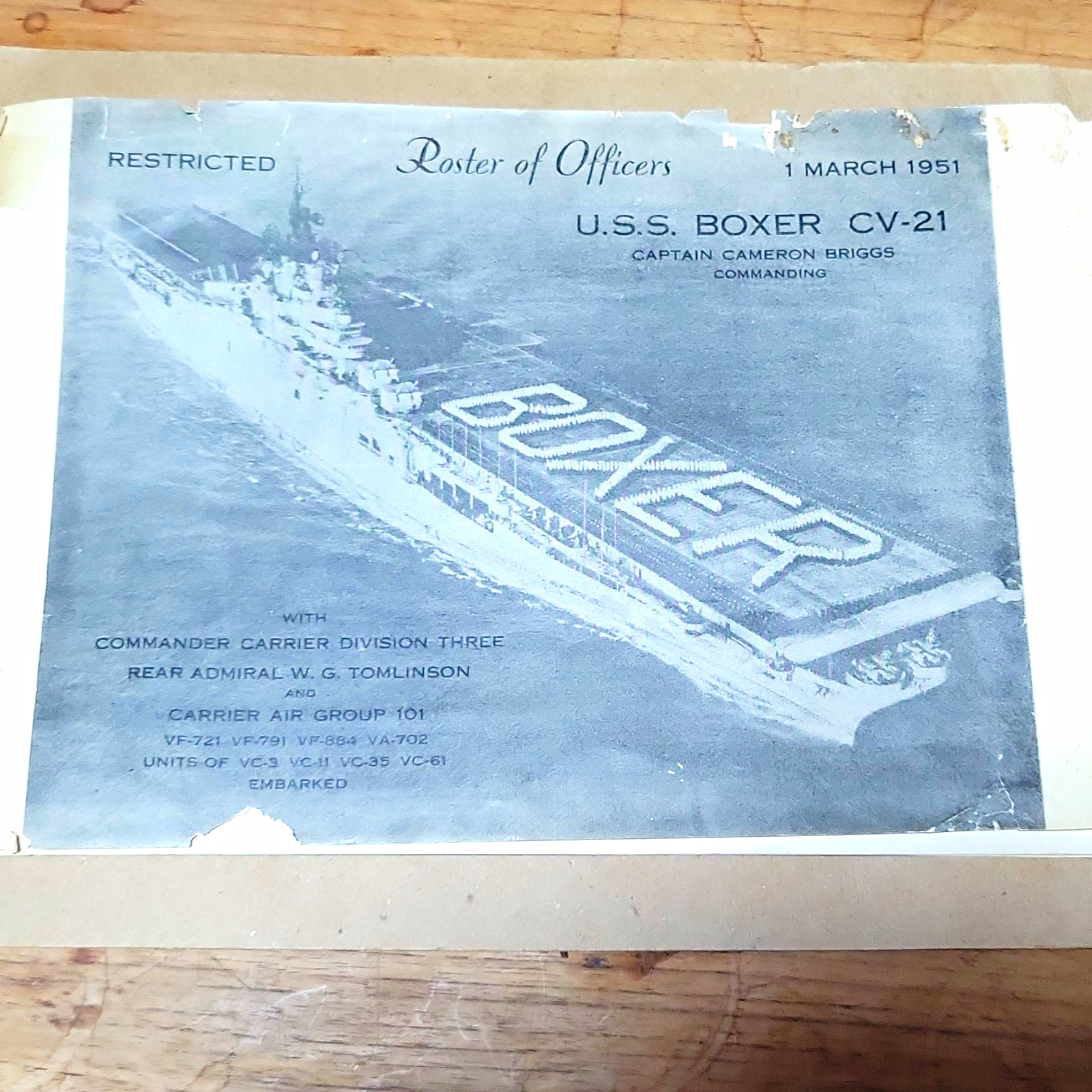 USS Boxer CV-21 Restricted Roster of Officers  Documents 1951 With Signatures