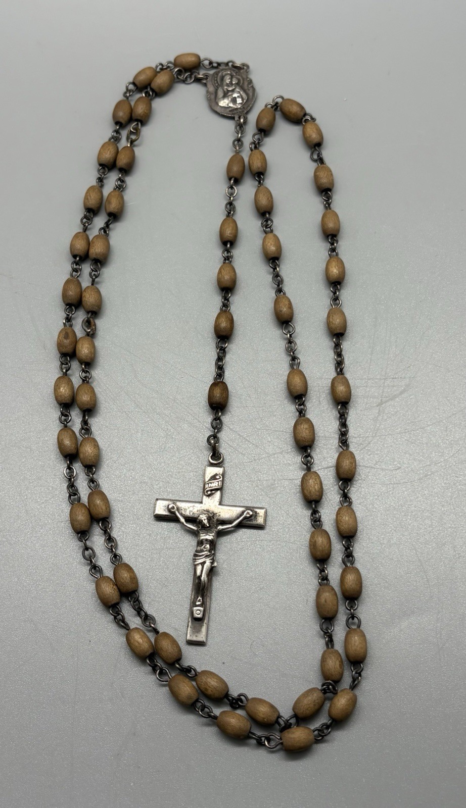 Vintage Creed Sterling Crucifix Wood Beads Mother Mary 32”