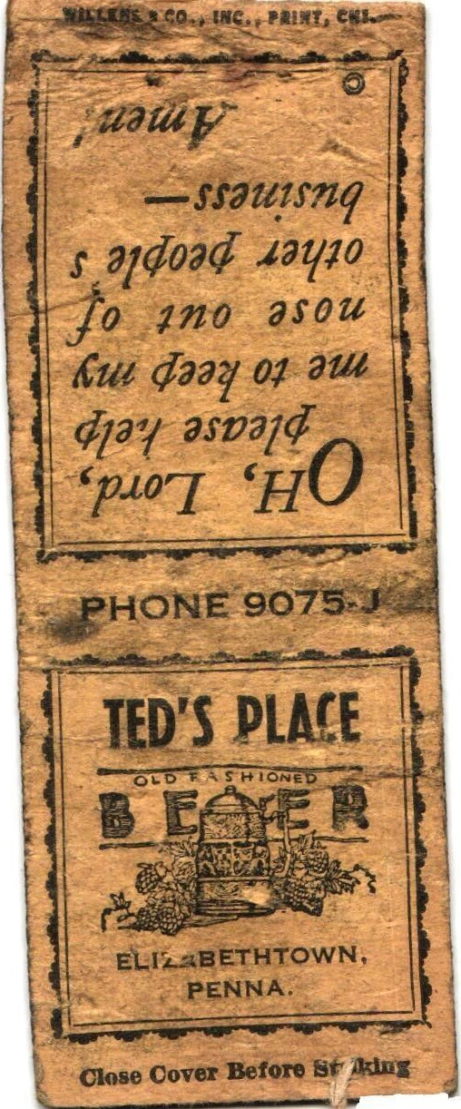 Ted\'s Place Elizabethtown PA Vintage Matchbook Cover Pre-1940s Beer Ted\'s Place Elizabethtown PA Vintage Matchbook Cover Pre-1940s Beer