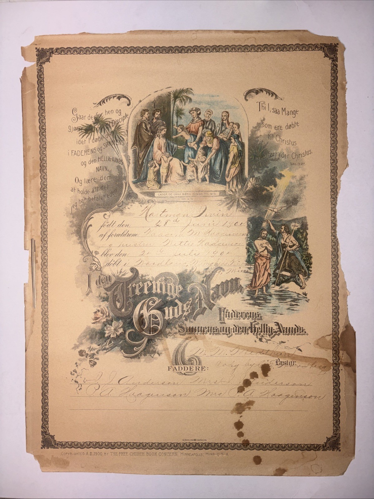 Antique Baptismal Certificate 1904 Hartman Irvin Minnesota 12”x9”
