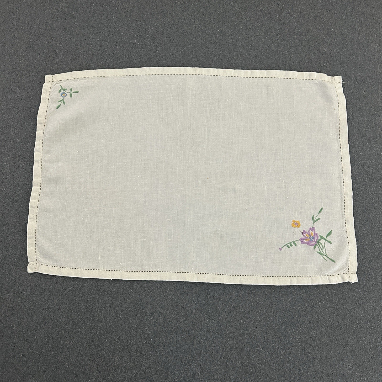 Vintage Linen Embroidered Placemat Dresser Scarf Flowers Hemstitch Border Ivory