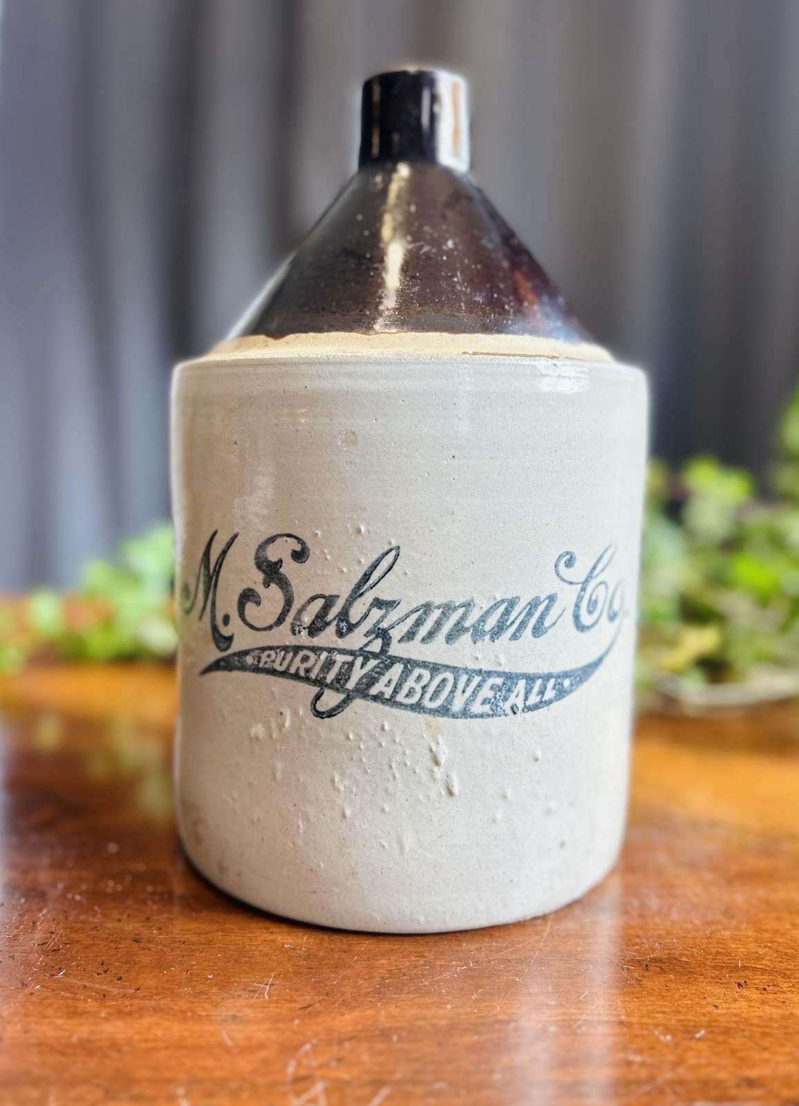 PRIMITIVE Stoneware M. Salzman Co. Early 1900\'s 1 Gallon Blue Print Whiskey Jug