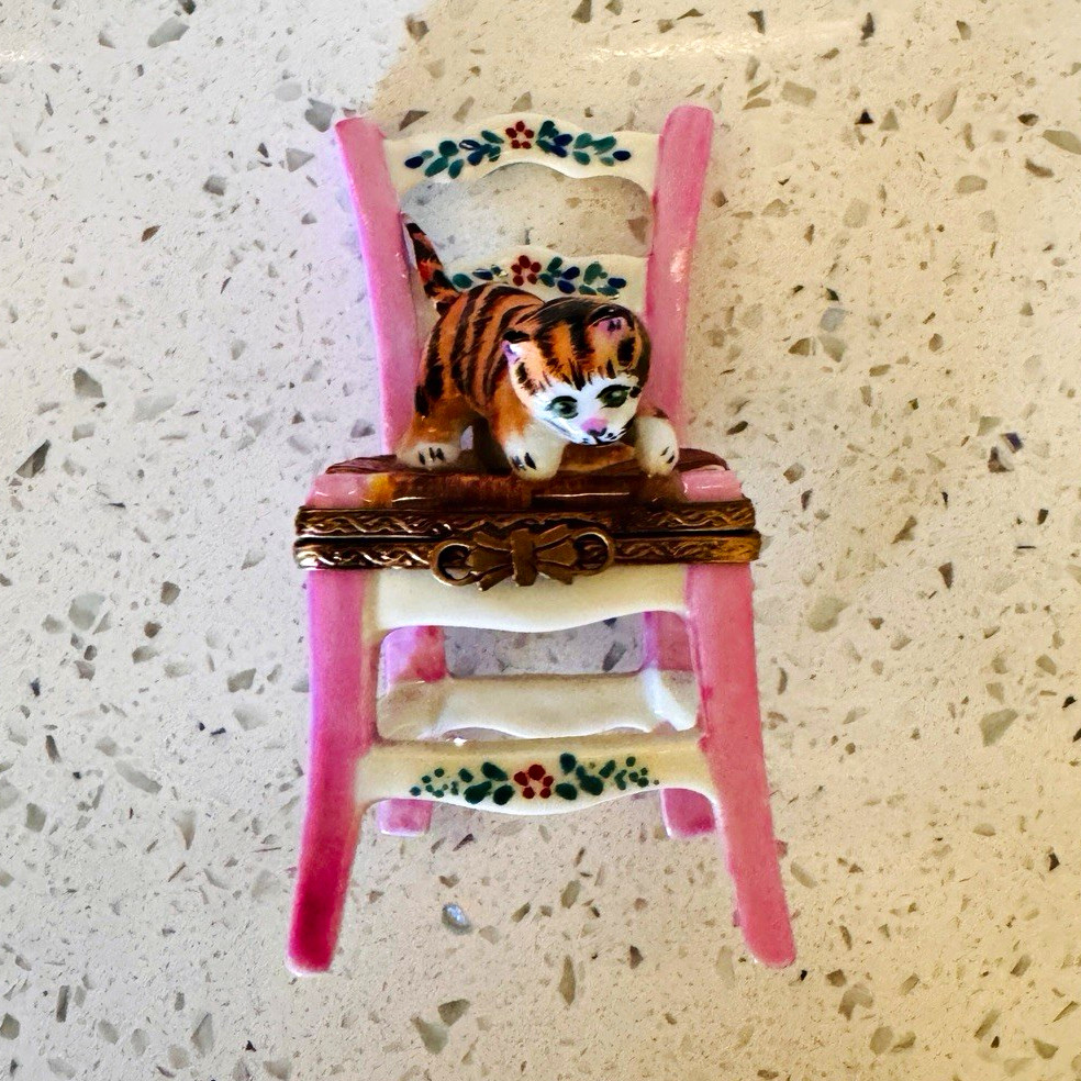 Vintage Limoges France Porcelain  “Cat on white Chair” Trinket Box.