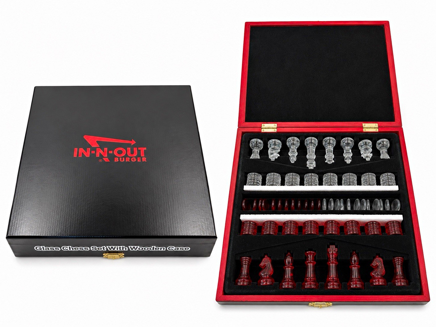 In-N-Out Burger Mint Condition Chess Complete Game Glass Pieces with Wooden Case
