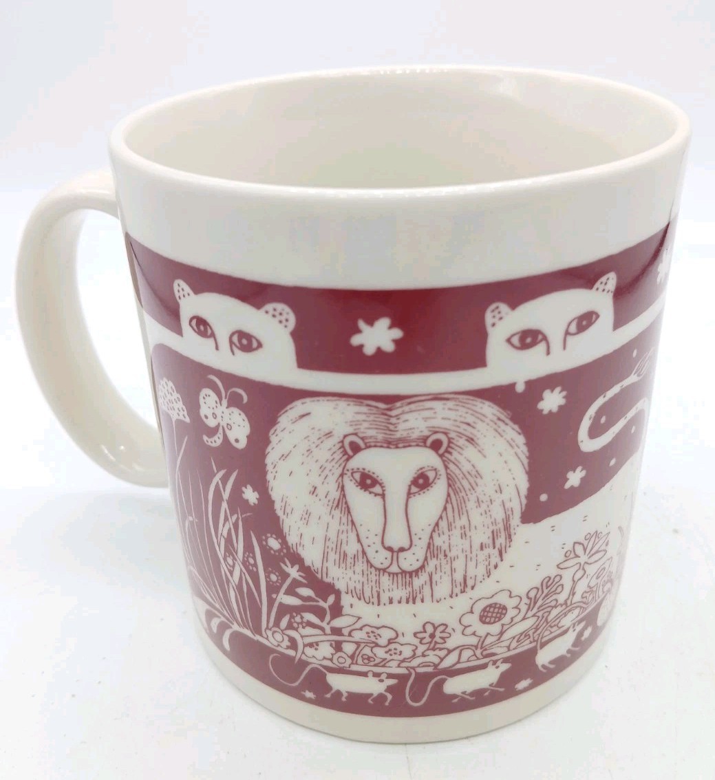 Vintage 1978 Taylor & Ng Jungle Cats Lion Leopard & Mice Maroon Cup Mug