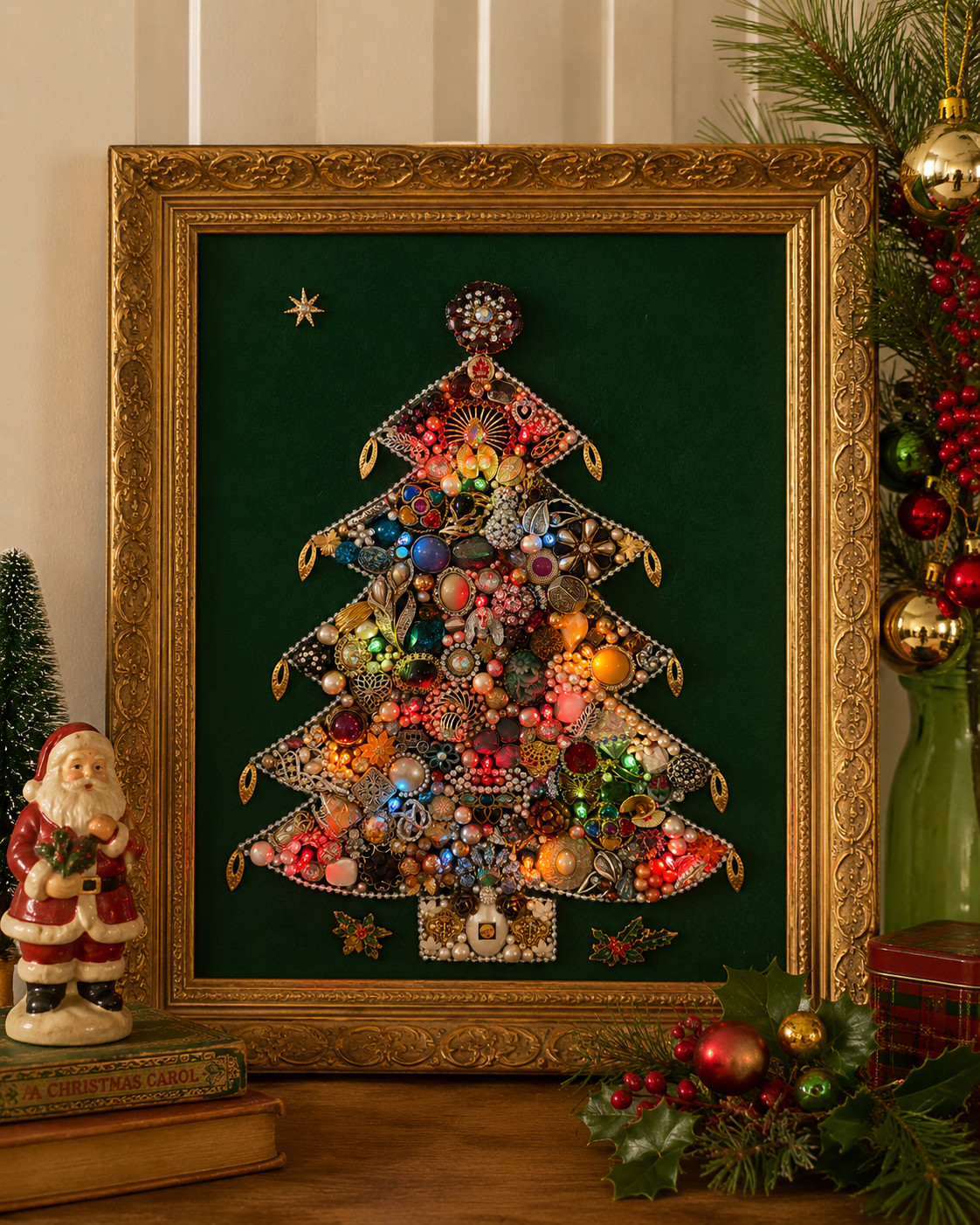 Large OOAK Vintage Jewelry Christmas Tree Wall Art Lighted Framed 24x20
