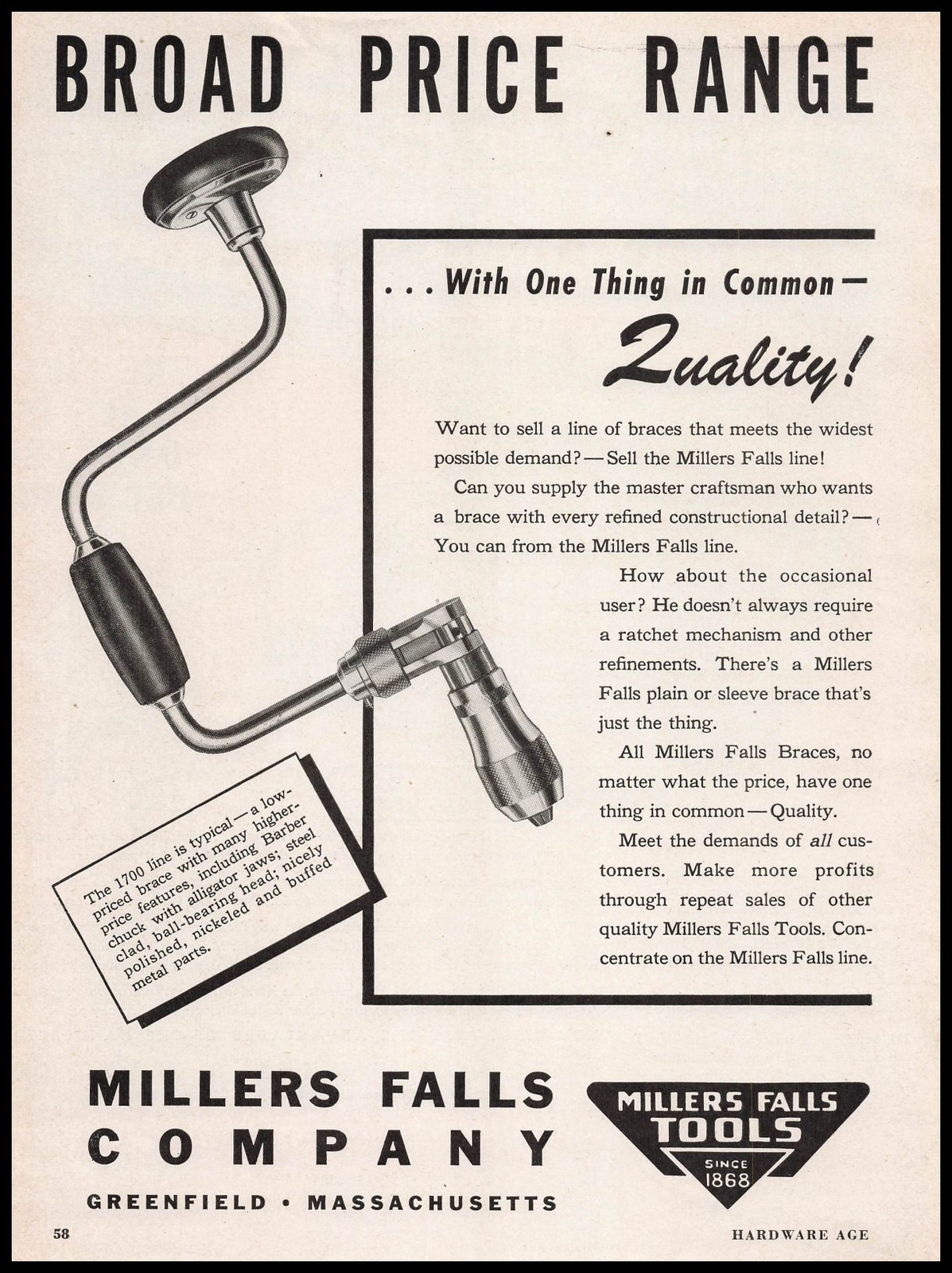1946 Millers Falls Co. Greenfield Massachusetts No. 1700 Brace Vintage Print Ad