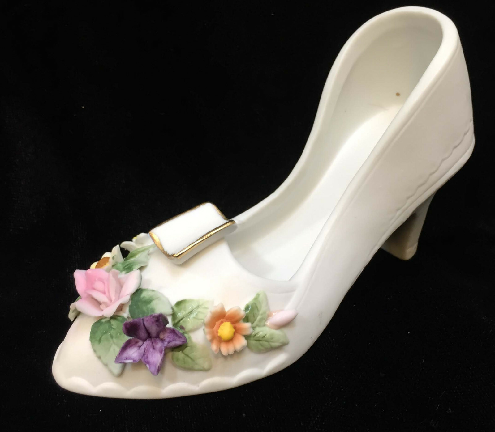 Lefton Shoe Figurine Porcelain High Heel Slipper Ashtray Applied Flowers Vintage